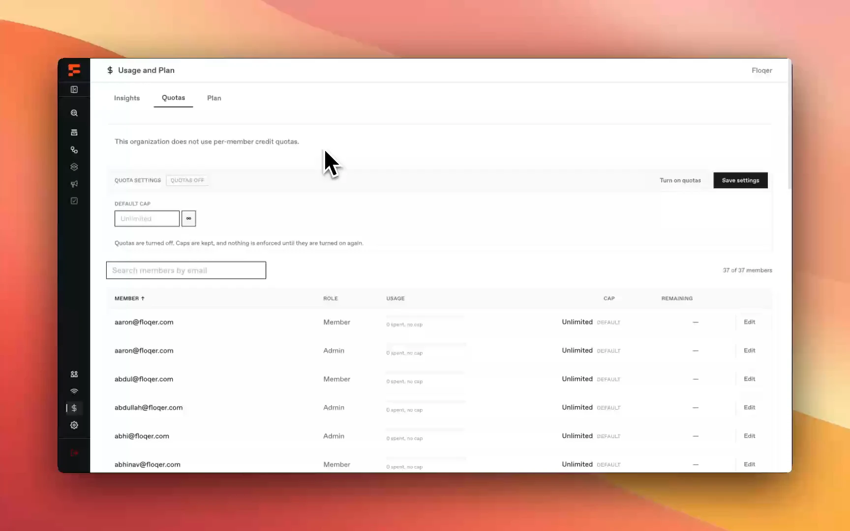 Turning on quotas from the Quota settings panel