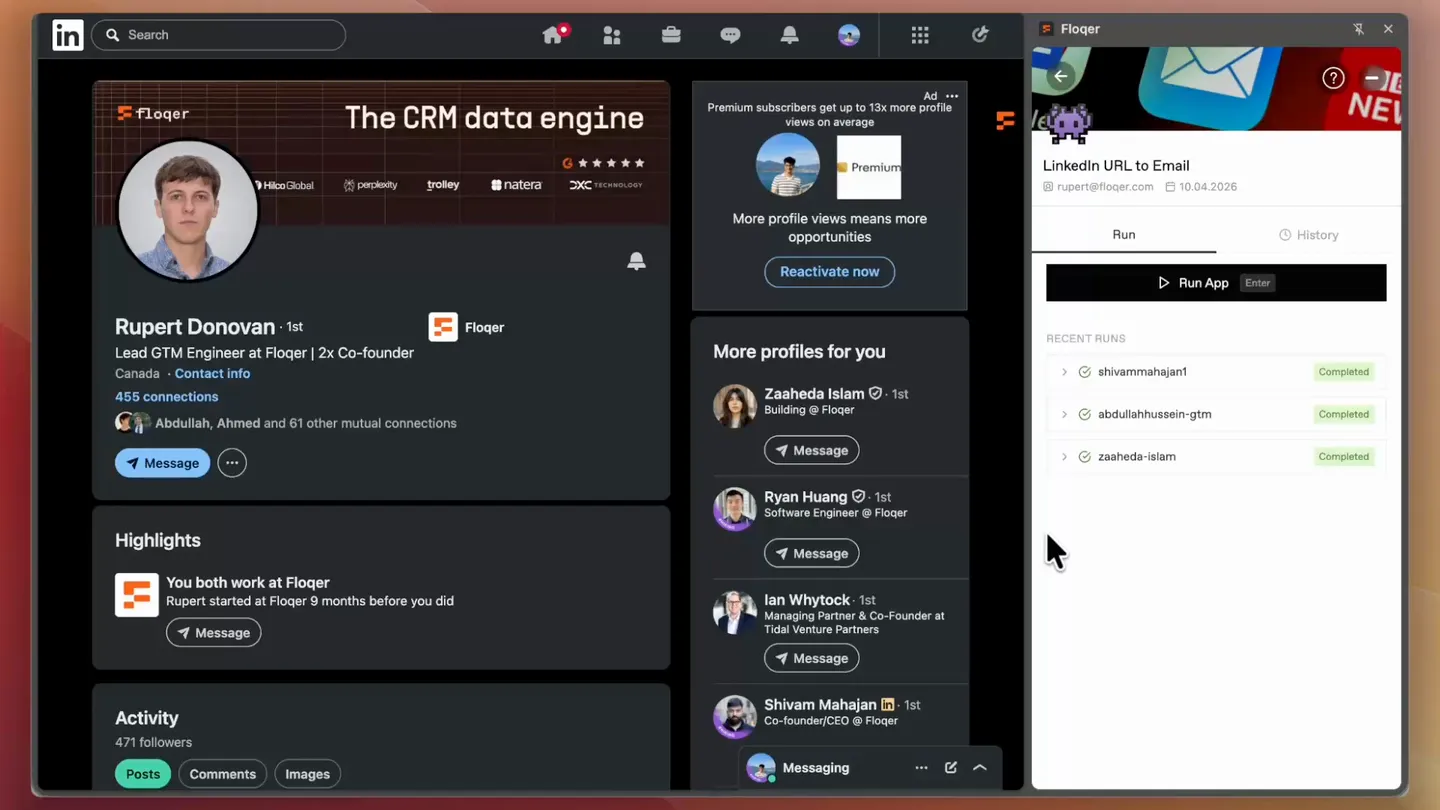 Running a shortcut on a LinkedIn profile and viewing the results in the extension