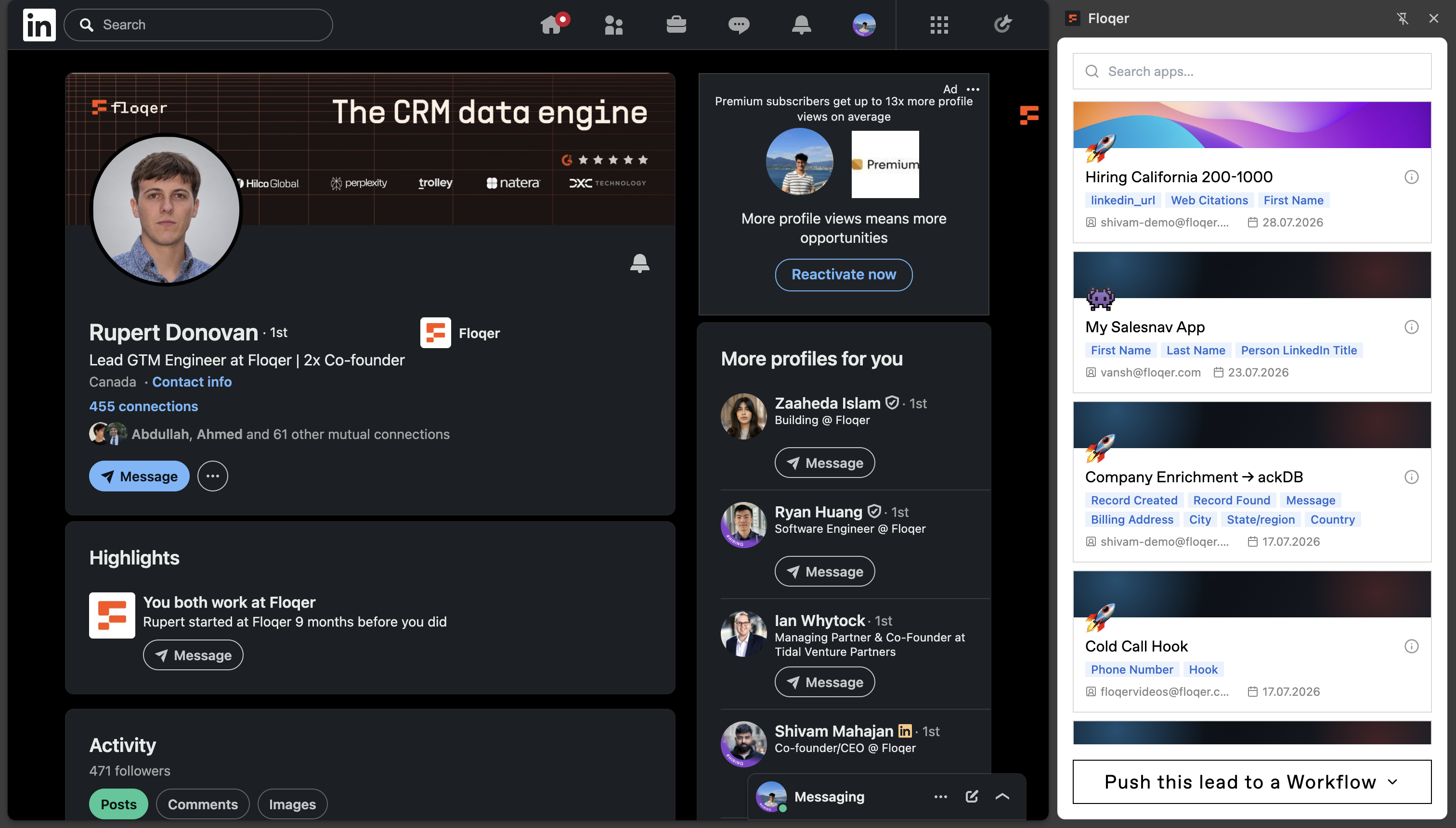 Choosing a shortcut from the Floqer extension panel beside a LinkedIn profile