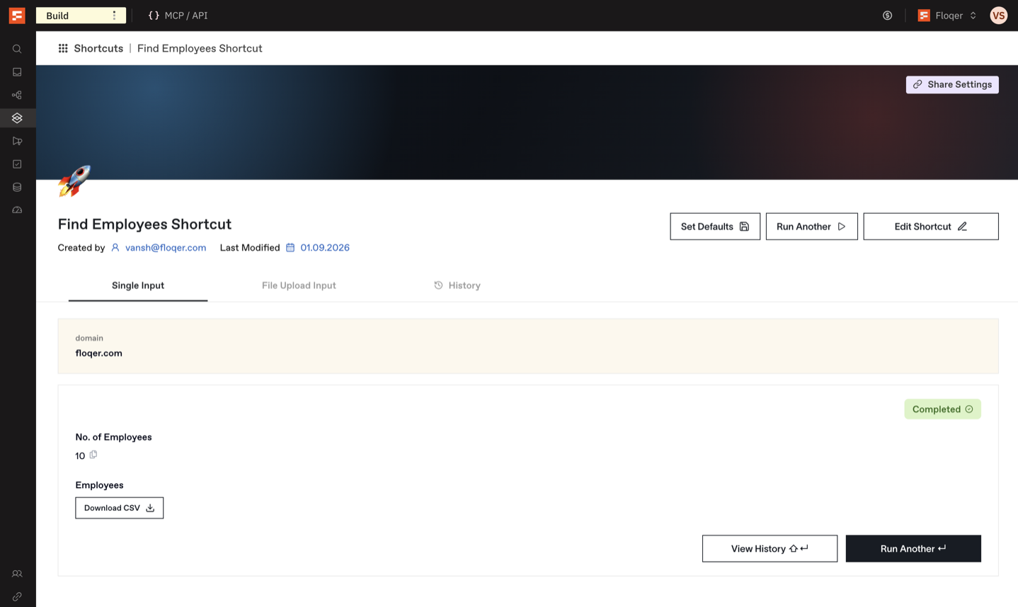 A completed single-input shortcut run with a scalar employee count and a Download CSV button under the Employees list output