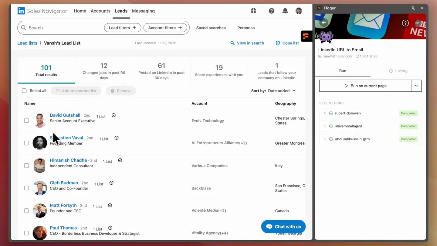 Ticking leads in a Sales Navigator list and clicking Run on Selected in the Floqer panel