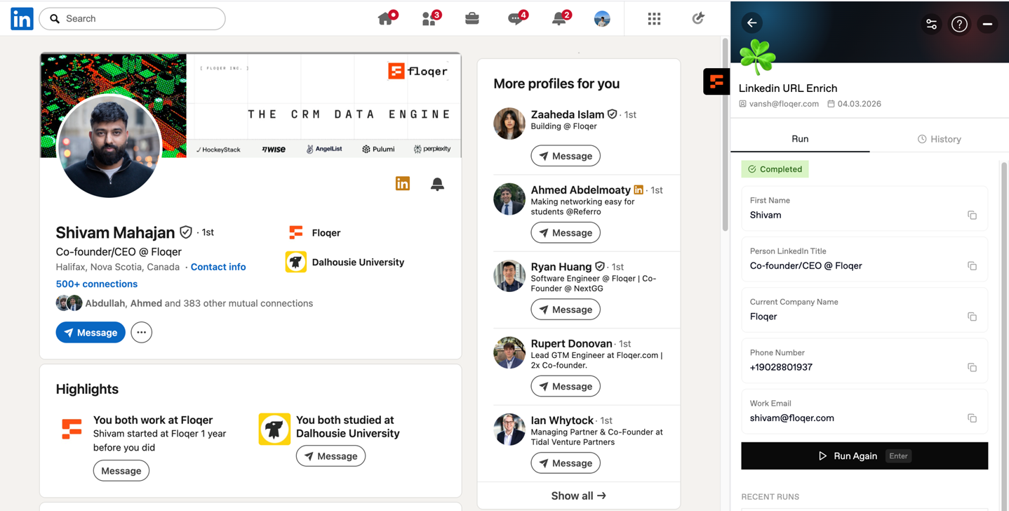 The extension panel on a LinkedIn profile: a completed shortcut run with the person's name, title, company, phone and work email, and a Run Again button