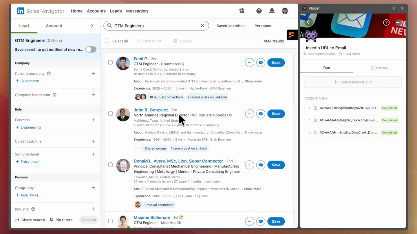 Ticking people in Sales Navigator search results and clicking Run on Selected in the Floqer panel