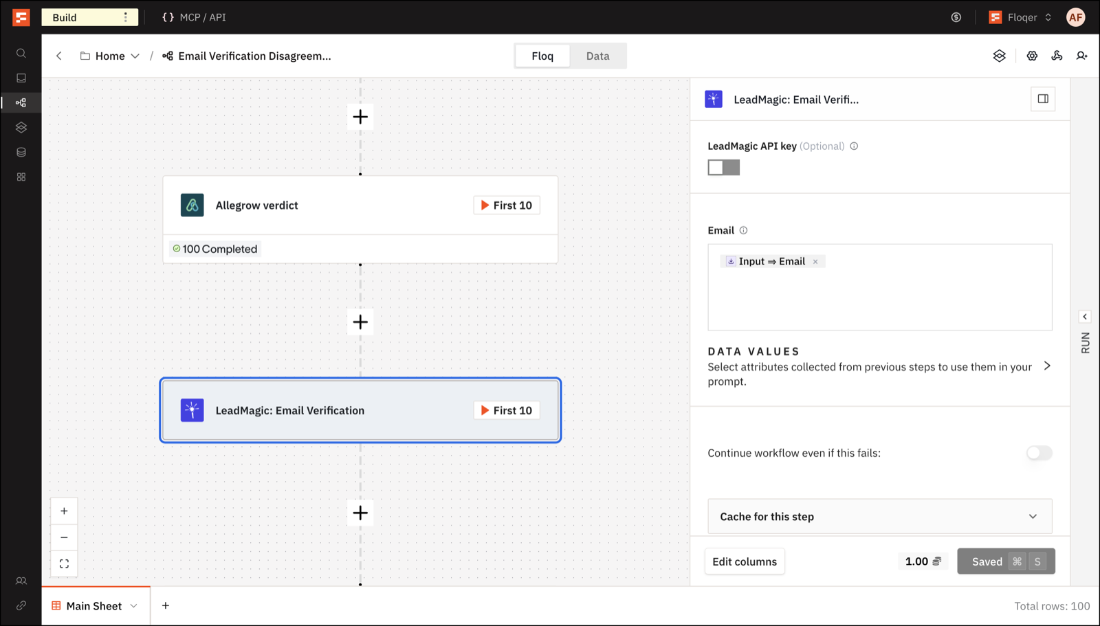 The LeadMagic: Email Verification action with an email column mapped